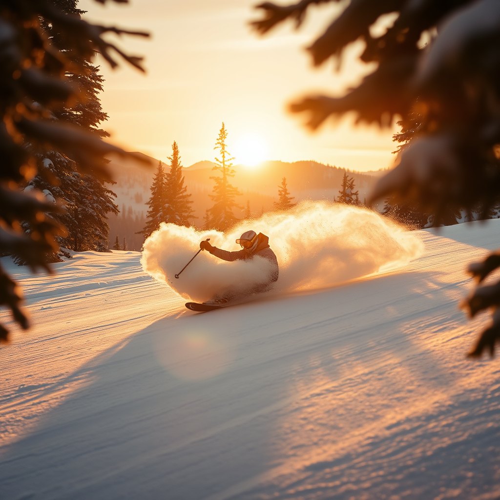 Skier carving a turn and throwing a spray of powder on a sunlit alpine run