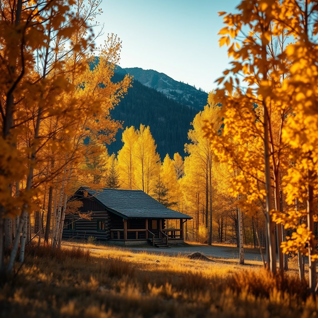 Log cabin among golden aspen trees on a quiet mountain hillside
